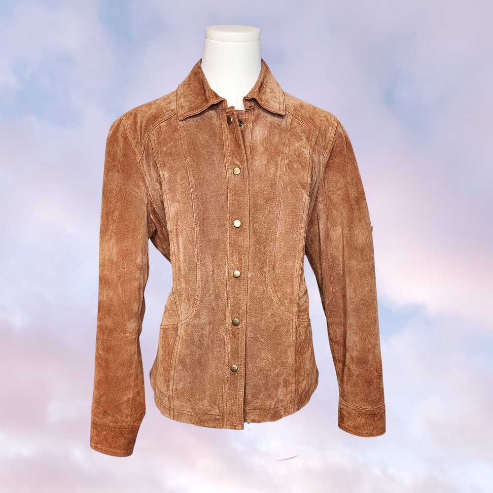 VTG Coldwater Creek Leather Long Sleeve Outdoor Western Shacket Brown Medium